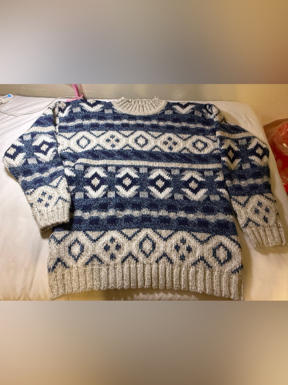 Michelle Stuart Men’s Navy and Cream Patterned Crewneck Sweater